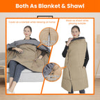 USB Heated Blanket Electric Heated Poncho Shawl Wrap Throw With Zipper Arm Holes Pocket 3 Heating Levels 6 Zones 5V 2A Machine Washable For Home Office Outdoor features both as a blanket and a shawl.
