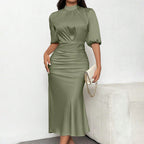 Women's Short Sleeve Ruched Midi Dress Slim Fit Elegant Party in elegant olive green with mock neck and ruched detailing.