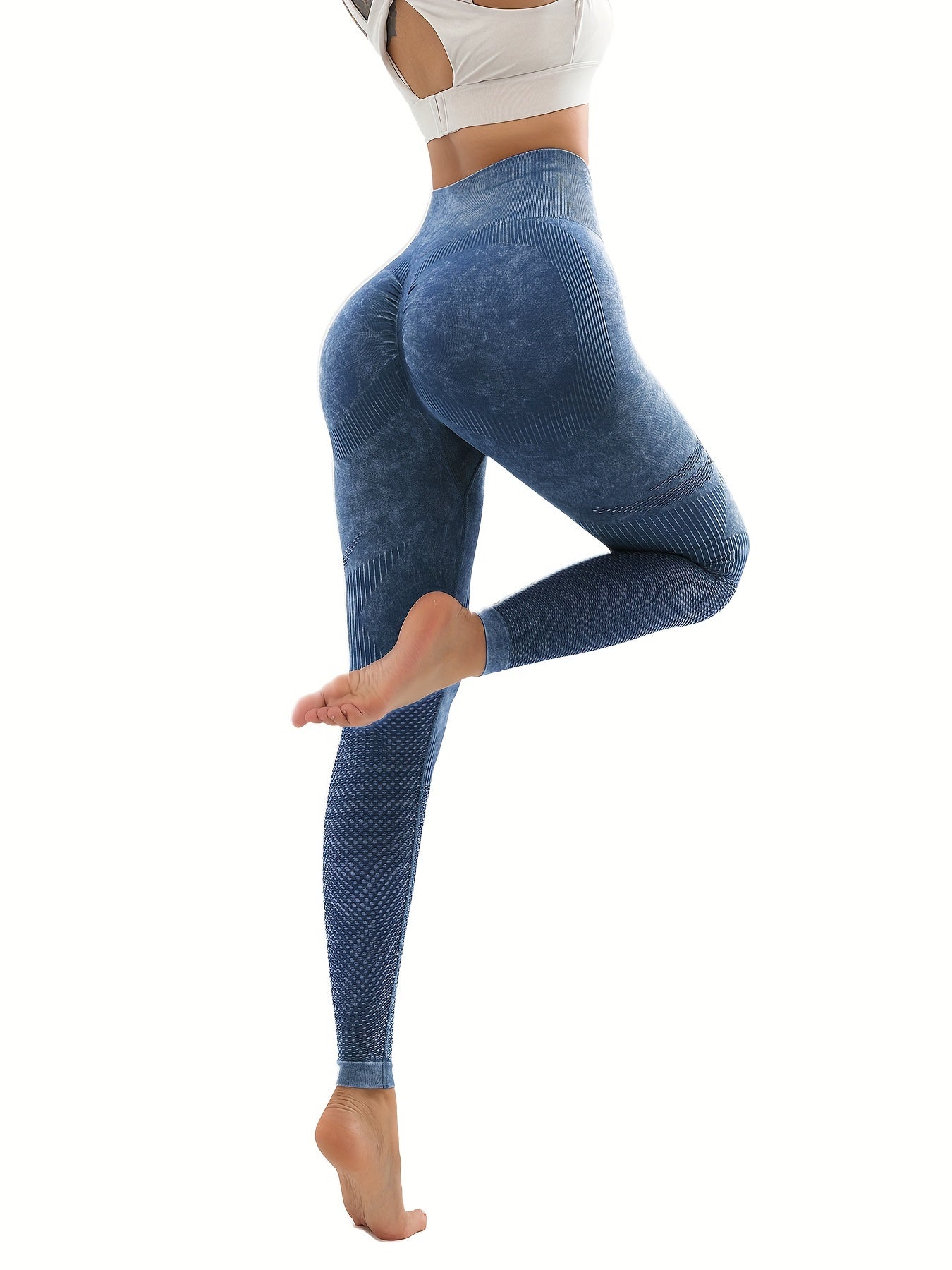 6 Pack Mesh Cut Out Leggings For Women Tights Breathable Workout Tummy Control Pants in blue with mesh details.