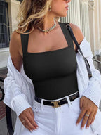 Women's One-piece Set Sleeveless Square Neck Skinny Yoga Bodysuit, Women's Sportswear Clothing in black, stylish and comfortable.