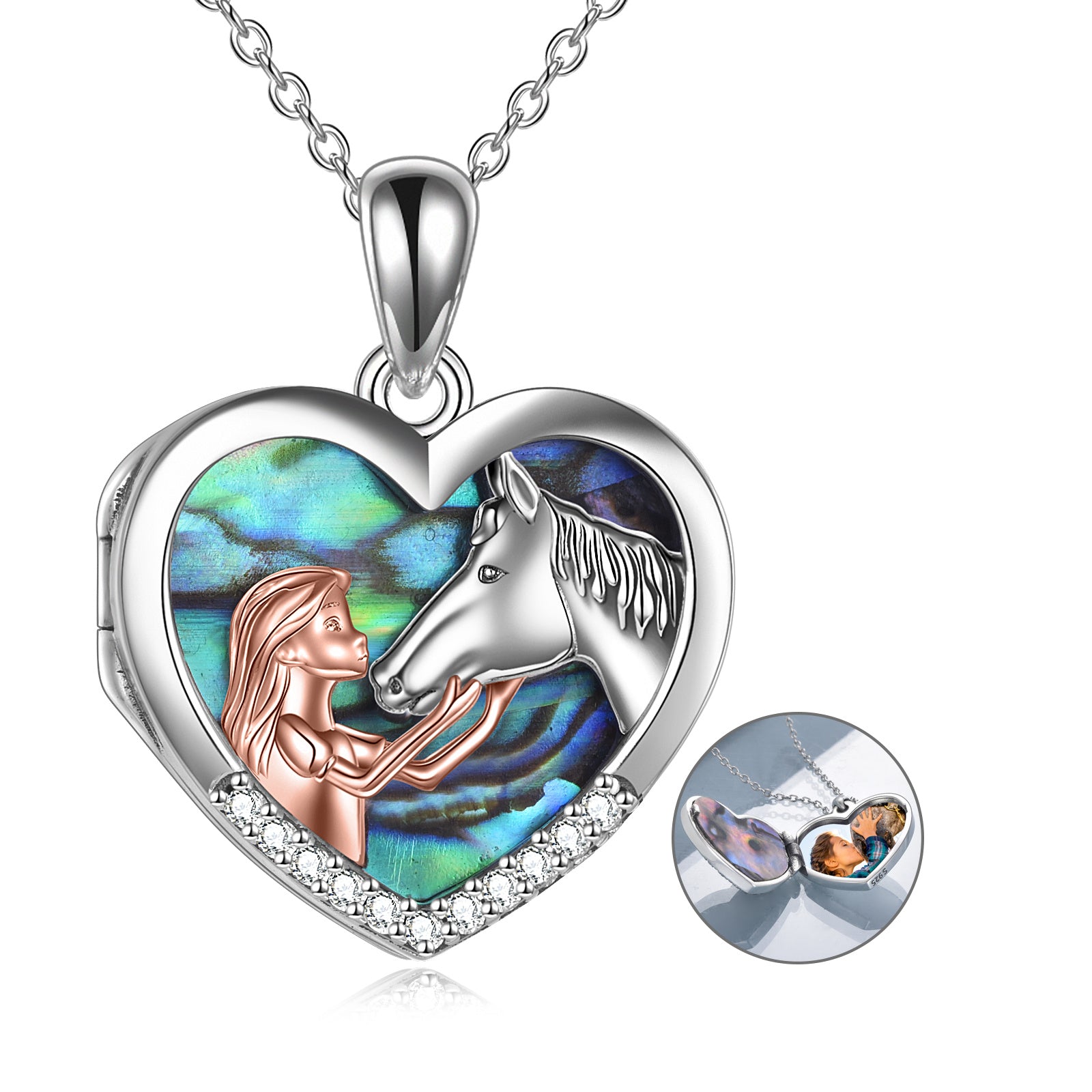 Horse Heart with Girls Pendant Necklace Gifts for Her Abalone Shell Main image
