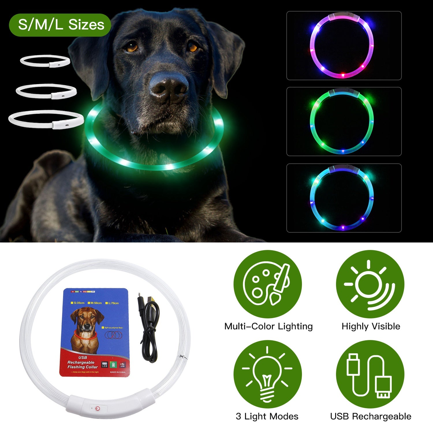 USB Rechargeable LED Dog Collar Multi Color Lighting Cuttable Length