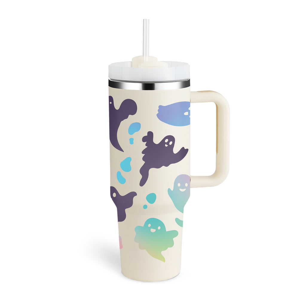 40oz Insulated Stainless Steel Tumbler Handle Straw Lid with colorful ghost design