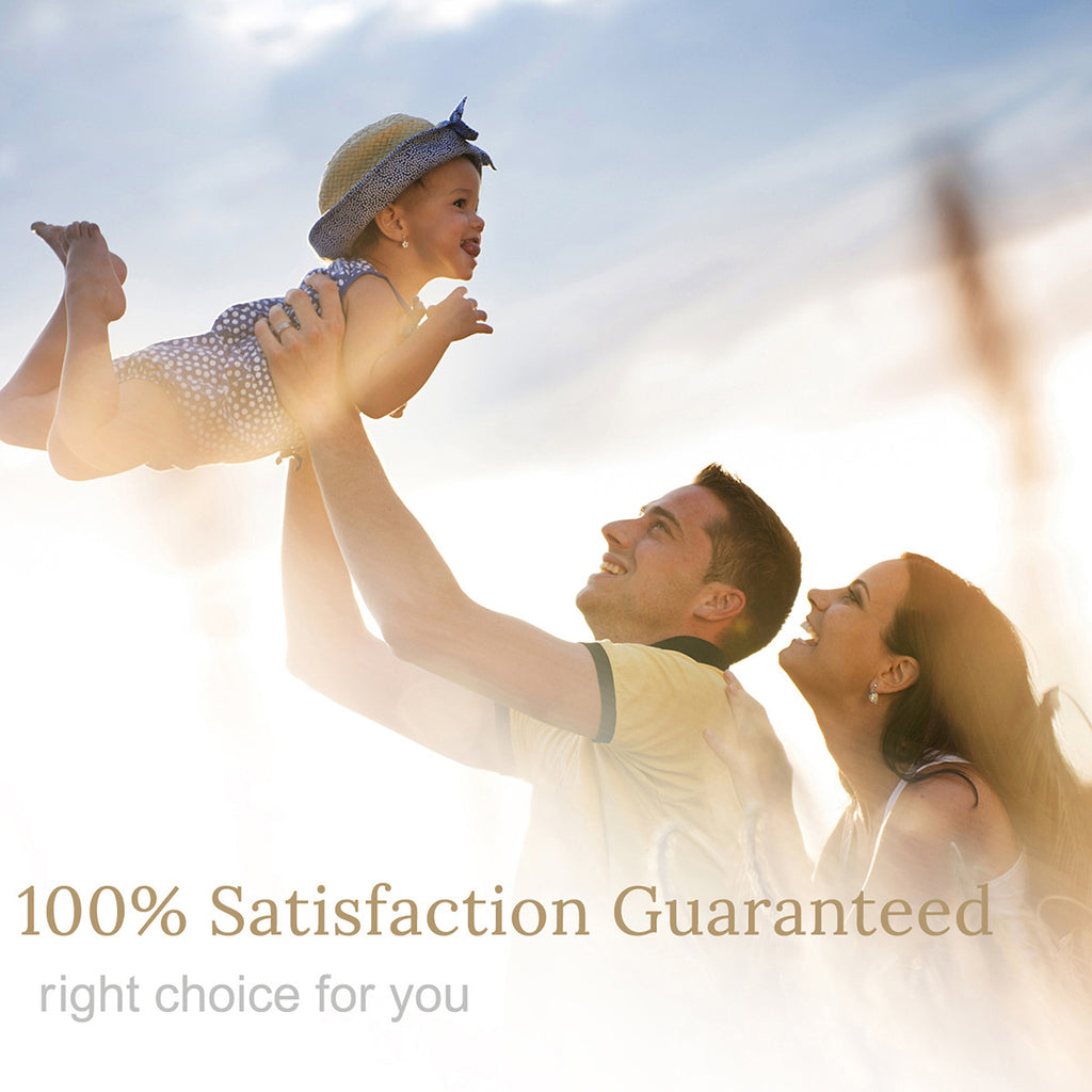 100% Satisfaction Guaranteed with a happy family enjoying time together outdoors, smiling and playing with their child.