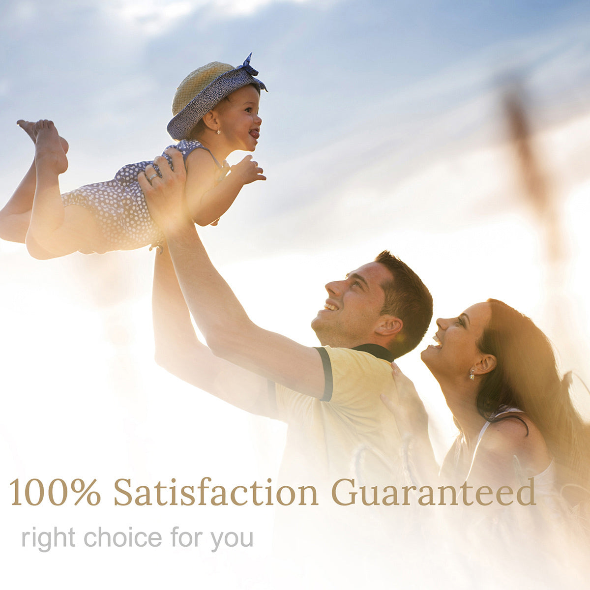100% Satisfaction Guaranteed with a happy family enjoying time together outdoors, smiling and playing with their child.