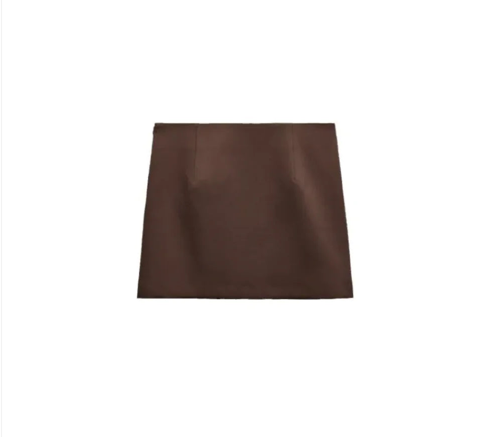 Slim-Fit Stand Collar Jacket & Skirt Set short skirt in brown polyester fabric, perfect for modern streetwear style.