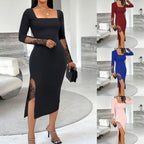 Women's Square Neck Lace Dress, Solid Color Bodycon Slit Hem Midi Dress