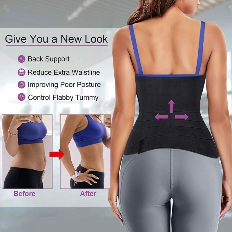 Invisible Wrap Waist Trainer Tape Adjustable Tummy Shapewear demonstrating back support and waist reduction before and after results.