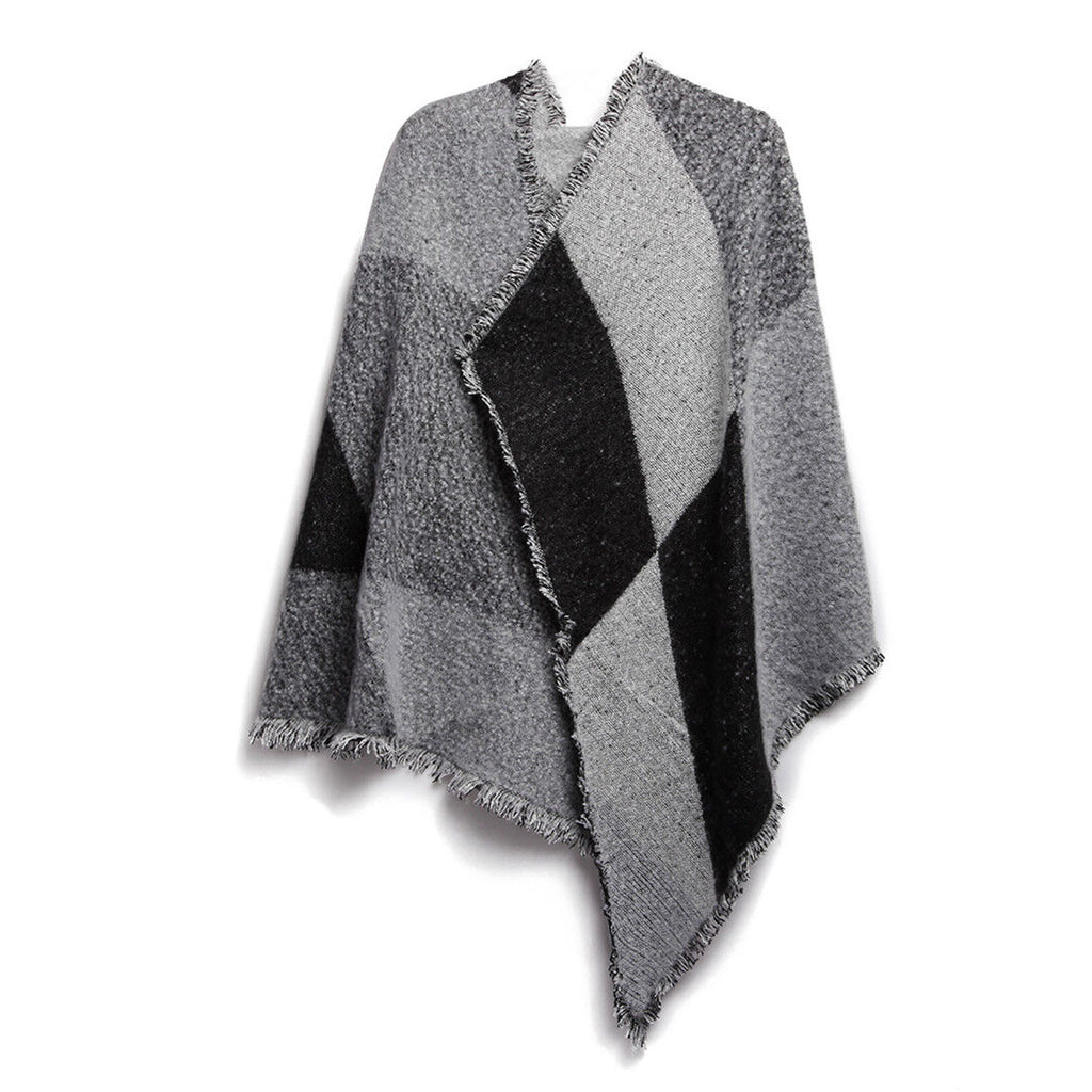 1Pc Women Winter Warm Scarf 74.8x25.6In Long Soft Knitted Shawl Extra Thick Plaid Blanket Wrap Cape in grey and black.