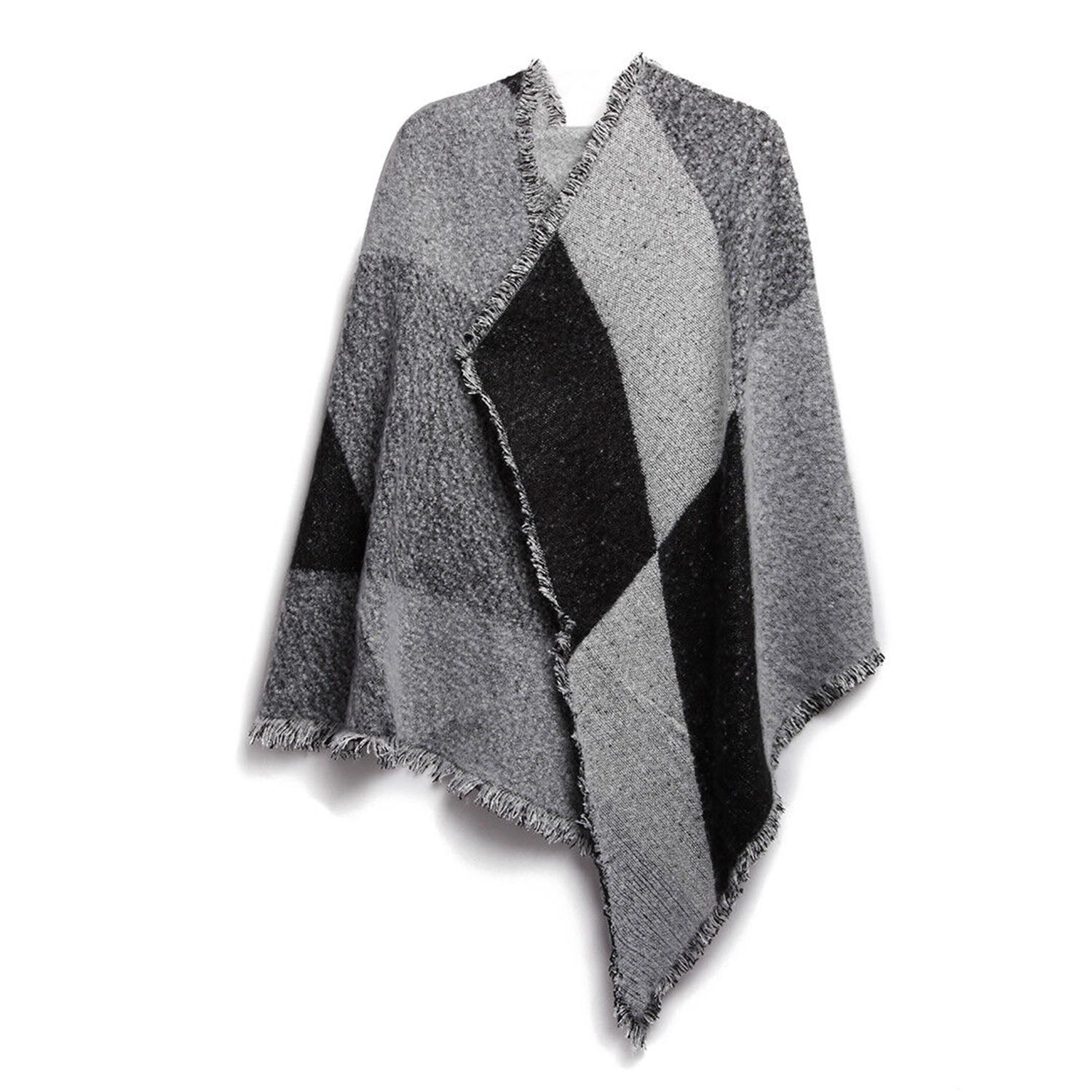1Pc Women Winter Warm Scarf 74.8x25.6In Long Soft Knitted Shawl Extra Thick Plaid Blanket Wrap Cape in grey and black.