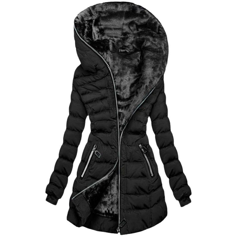 Hooded Warm Fleece Padded Jacket Mid-length Jacket Black Padded Jacket with a stylish hood and sleek silhouette.