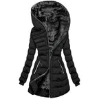 Hooded Warm Fleece Padded Jacket Mid-length Jacket Black Padded Jacket with a stylish hood and sleek silhouette.