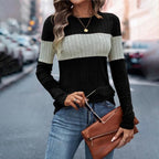 Women's Elegant Color-Block Round Neck Top - Basic Solid Color Contrast Casual Shirt For Fall&Winter - Model wearing color-block top on street.