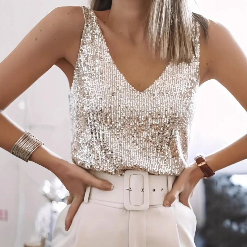 Women's Solid Color Sequin Sleeveless Top, V-Neck Sparkling Party Blouse For Casual And Evening Wear