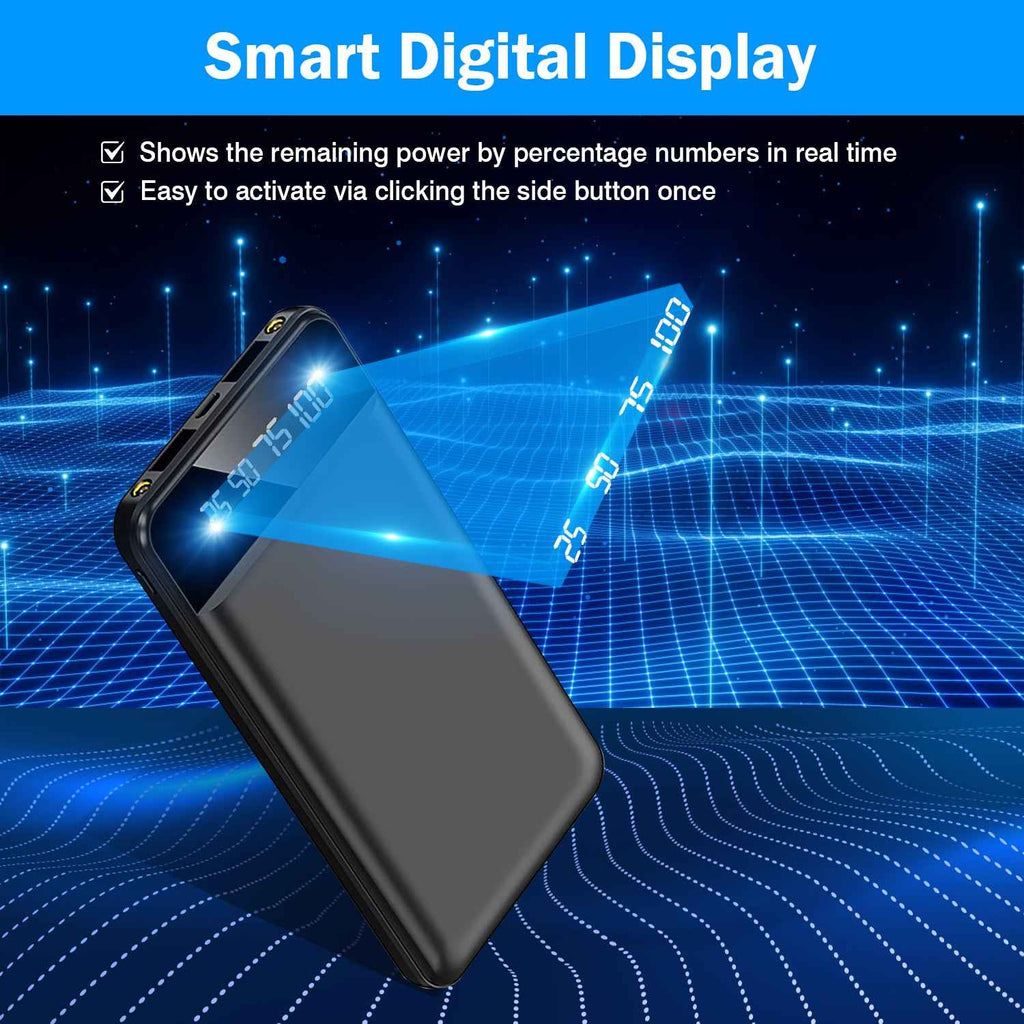 10,000mAh Portable Power Bank, Dual USB Output, Slim Travel Charger with LED Display & Emergency Flashlight, Universal Compatibility