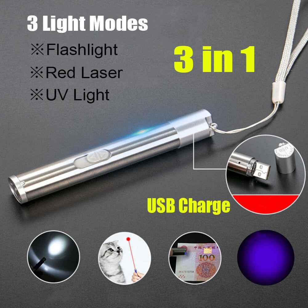 Red Laser Pointer Pen USB Rechargeable LED Light 3 In 1 UV Flashlight Cat Dog Toys Main image