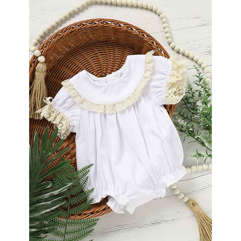 Baby Girl White Lace Romper Soft & Stylish Short Sleeve Bubble Jumpsuit For Wedding Season & Summer