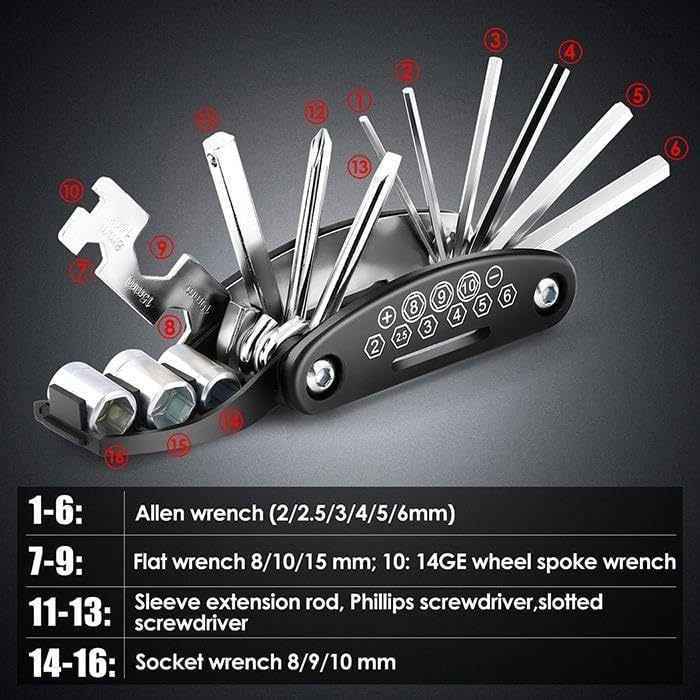 16-in-1 Heavy-Duty Bike Repair Kit With 16-ToolMultifunctional Hex Key Set Puncture Patch &Tire Repair Kit For Mountain Road BikesMotorcycles