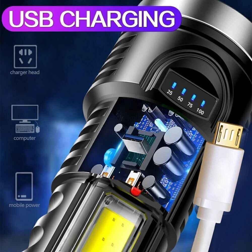 LED Flashlight Torch Rechargeable Work Light Built-in Battery