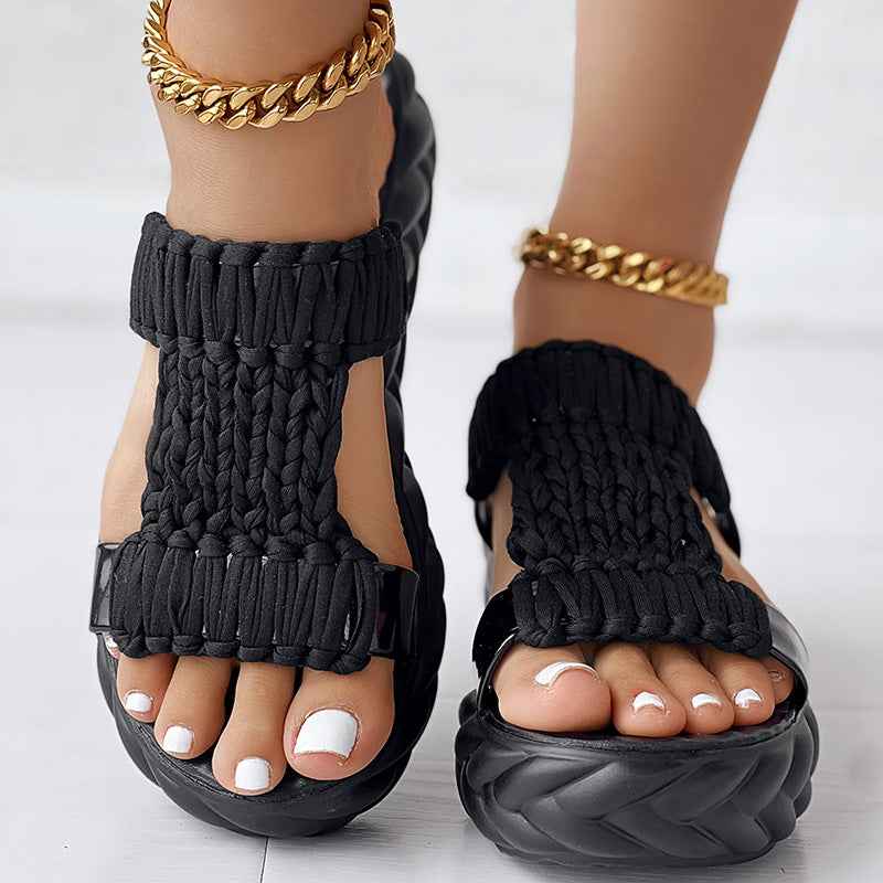 Platform Sandals Summer Braided Knit Hollow Open Toe Slipper Sandals - Anklet Not Included