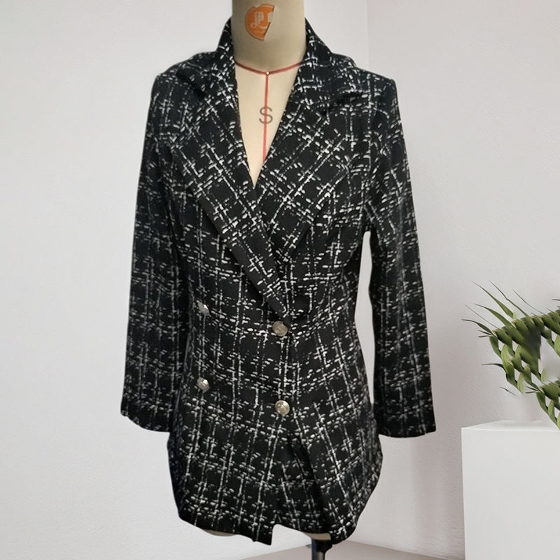 Elegant Women's Plaid Blazer, Notch Lapel Long Sleeve Jacket For Office And Casual Wear