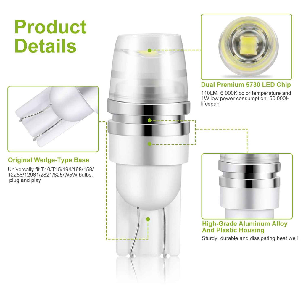 10PCS T10 LED Bulbs 6000K White for Interior & License Lights