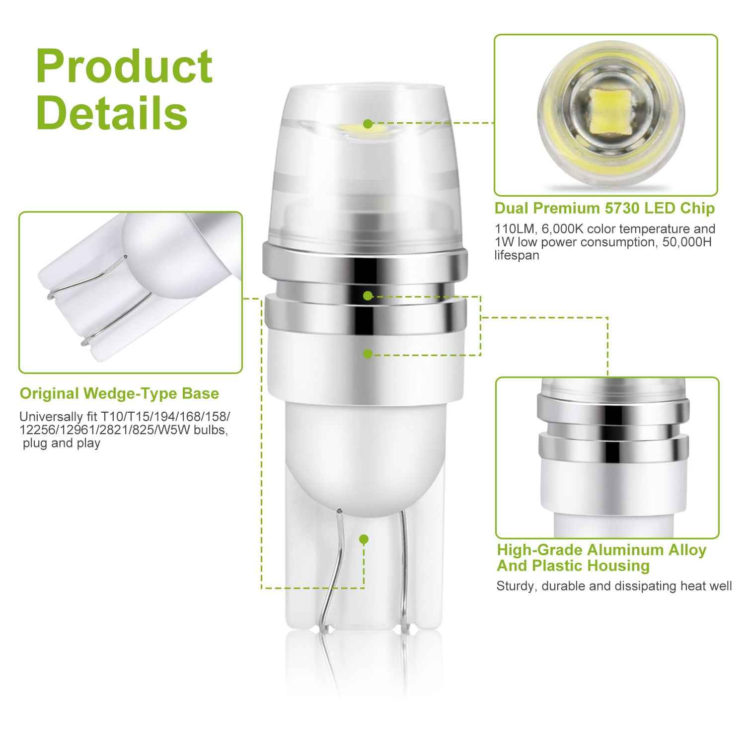 10PCS T10 LED Bulbs 6000K White for Interior & License Lights