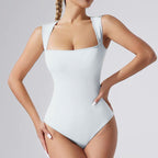 Women's One-piece Set Sleeveless Square Neck Skinny Yoga Bodysuit, Women's Sportswear Clothing in light blue color