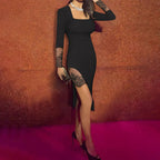 Women's Square Neck Lace Dress, Solid Color Bodycon Slit Hem Midi Dress