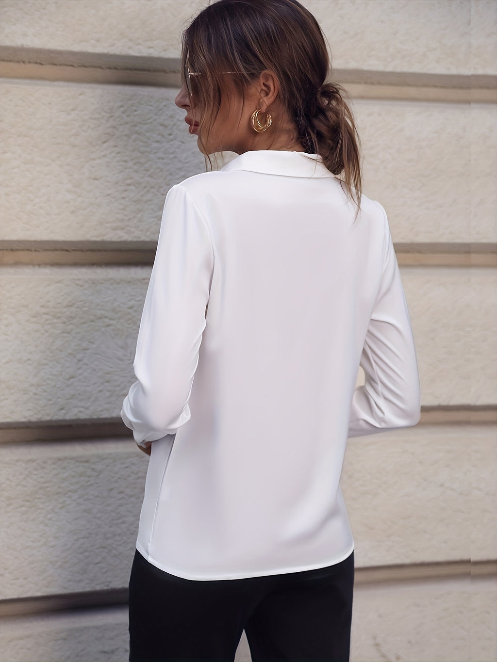 Women’s Elegant Long Sleeve Business Shirt with Pearl Buttons – Stand Collar, Polyester, All-Season Wear back view