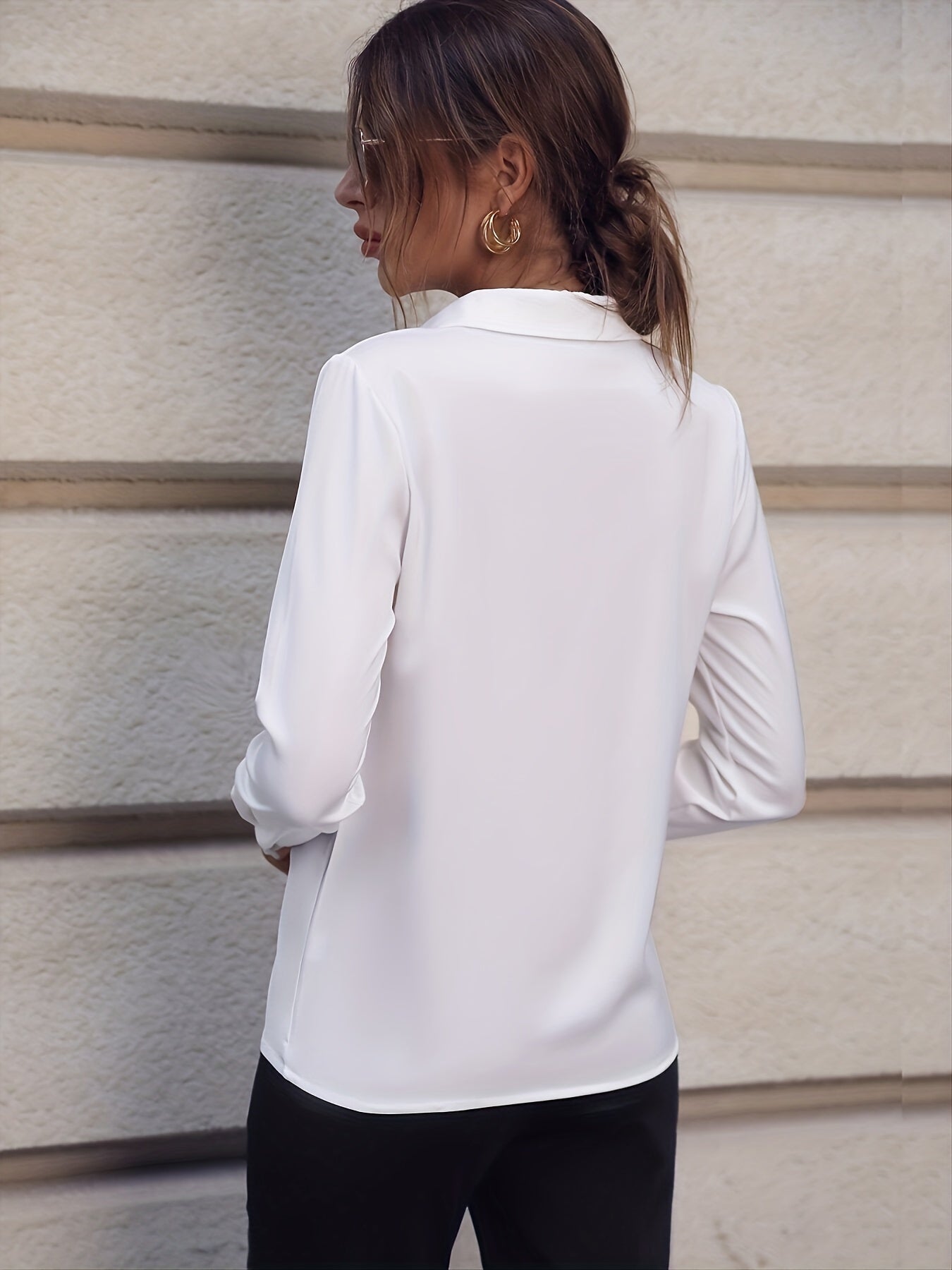 Women’s Elegant Long Sleeve Business Shirt with Pearl Buttons – Stand Collar, Polyester, All-Season Wear back view