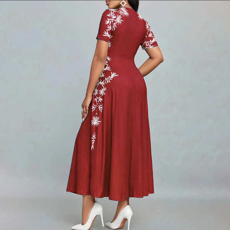 Women's Elegant Short Sleeve Maxi Dresses Casual Empire Waist Long Dress in burgundy with floral design.