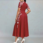 Women's Elegant Short Sleeve Maxi Dresses Casual Empire Waist Long Dress in burgundy with floral design.