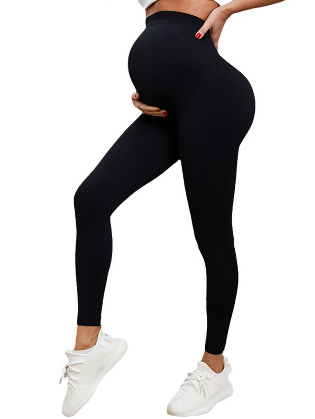 Women's Maternity Leggings Over The Belly Pregnancy Yoga Pants Active Wear Workout Leggings in black, worn by a pregnant model.