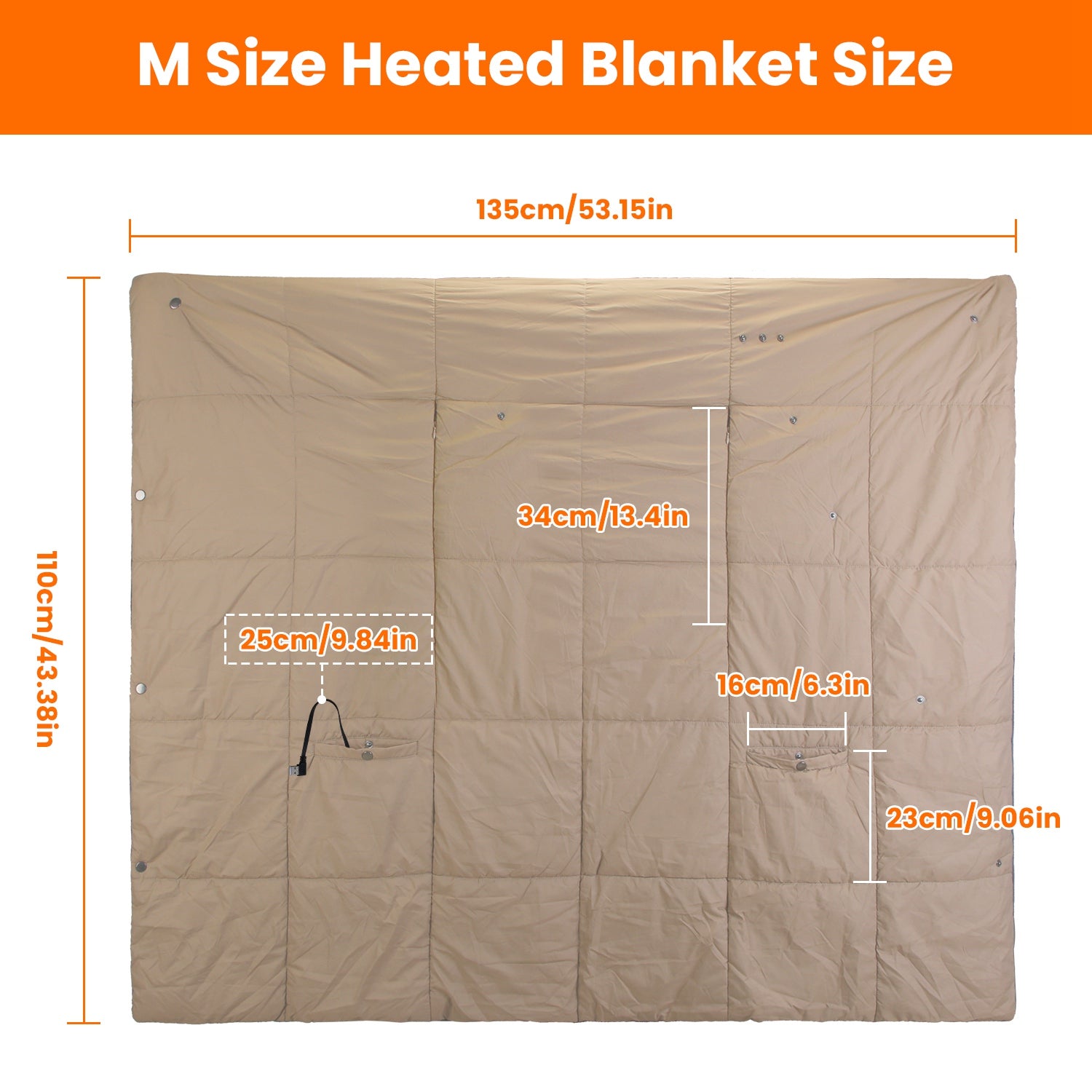 USB Heated Blanket Electric Heated Poncho Shawl Wrap Throw With Zipper Arm Holes Pocket 3 Heating Levels 6 Zones 5V 2A Machine Washable For Home Office Outdoor M size dimensions