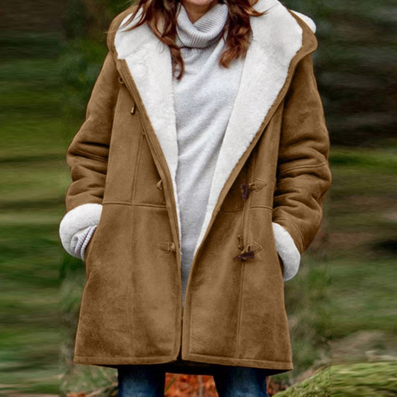 Winter Jackets For Women Sherpa Lined Jacket Women Duffle Toggle Coat Hooded Fleece Jacket in brown with plush interior