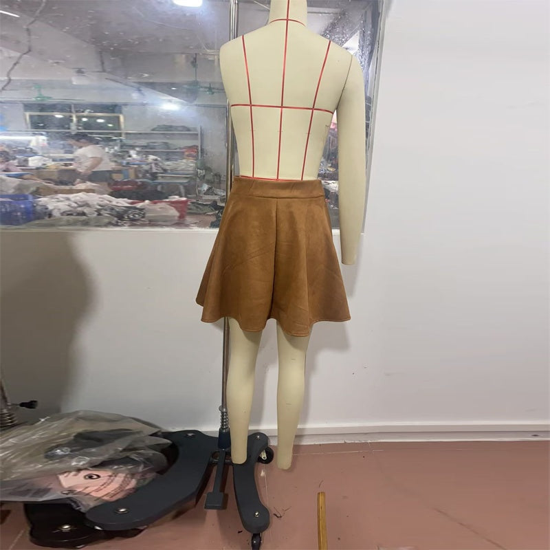 Suede-Look A-Line Mini Skirt High Waist Elastic Above-Knee Spring