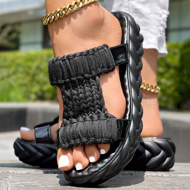 Platform Sandals Summer Braided Knit Hollow Open Toe Slipper Sandals - Anklet Not Included