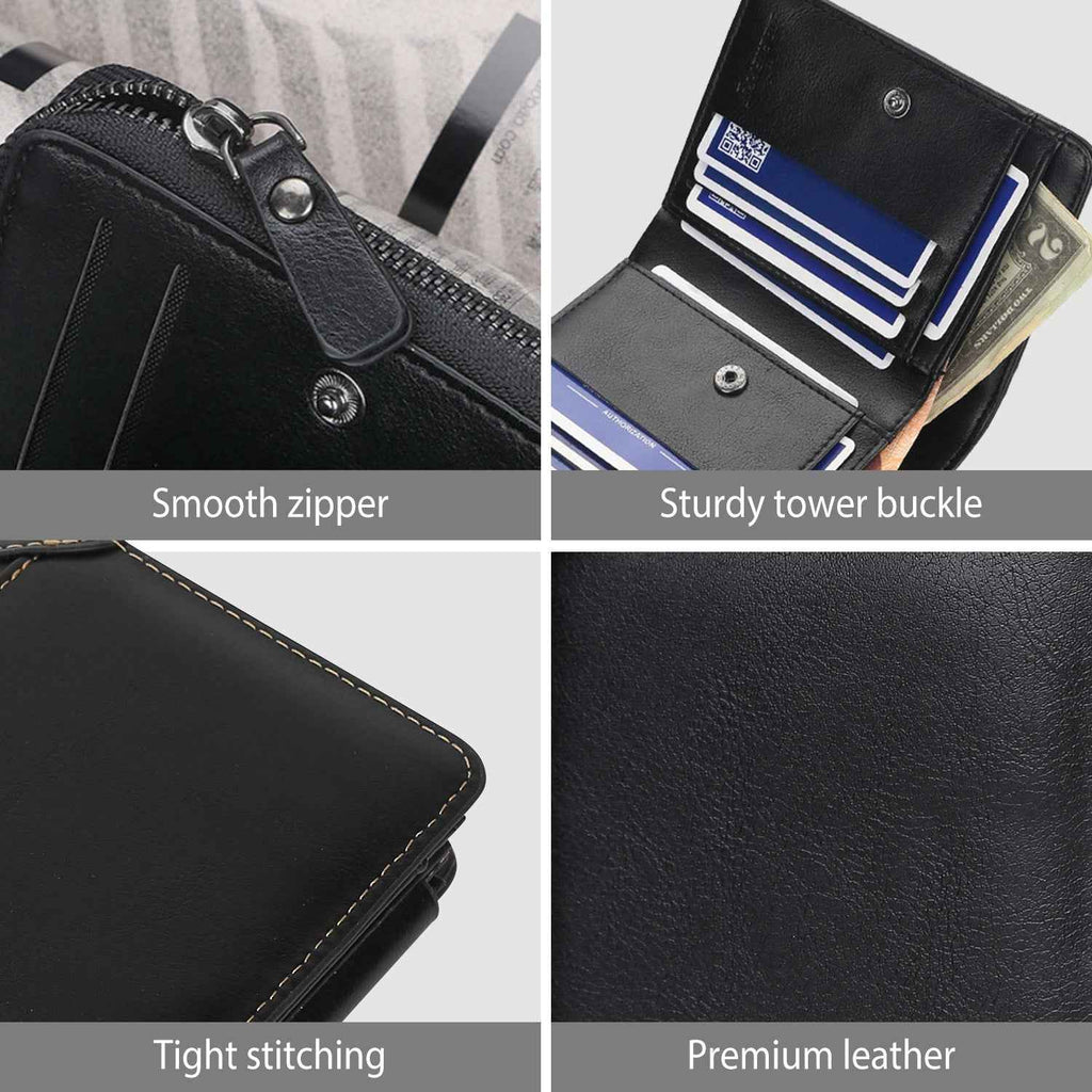 1Pc Men Leather Wallet ID Card Holder Purse Trifold Clutch Money Zipper With ID Window 14 Credit Card 1 ID Card