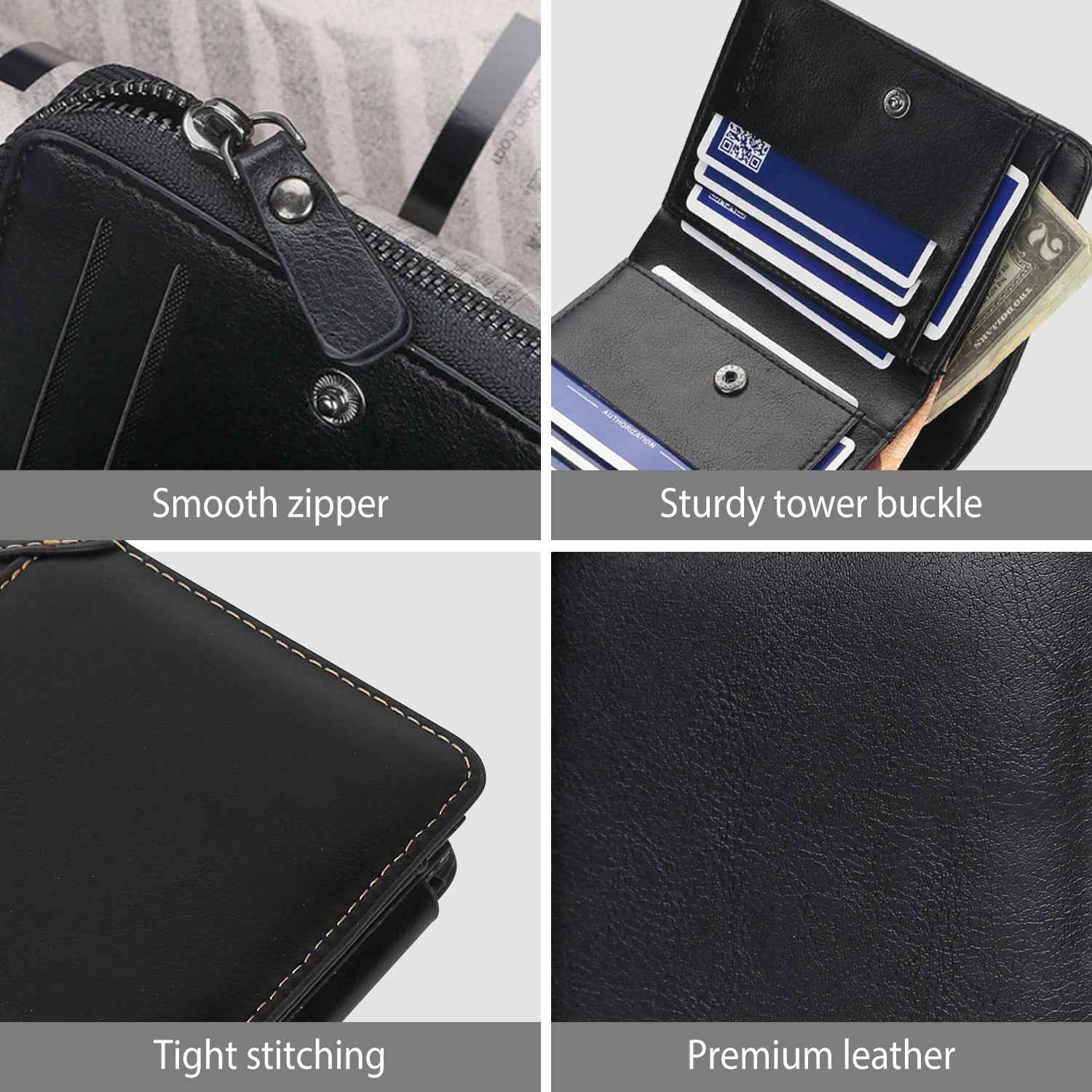 1Pc Men Leather Wallet ID Card Holder Purse Trifold Clutch Money Zipper With ID Window 14 Credit Card 1 ID Card