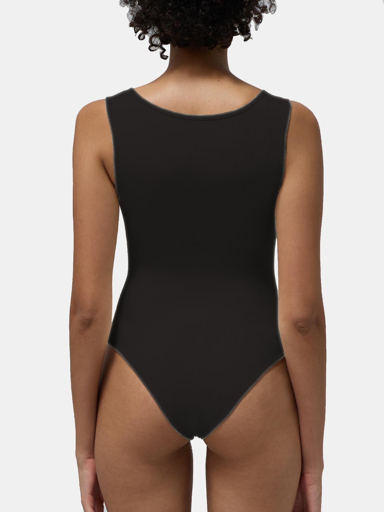 Women's One-piece Set Sleeveless Square Neck Skinny Yoga Bodysuit, Women's Sportswear Clothing, black back view.