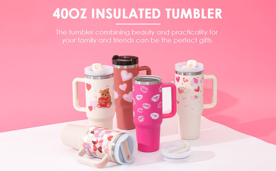 40oz Insulated Stainless Steel Tumbler Handle Straw Lid with colorful designs and handles, perfect for gifts.