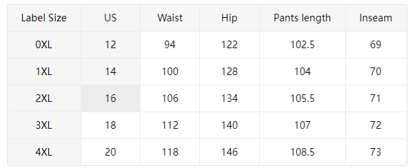 Size chart for Plus Size Solid Color Pocket Overalls Casual Women's Pants with measurements for 0XL to 4XL.
