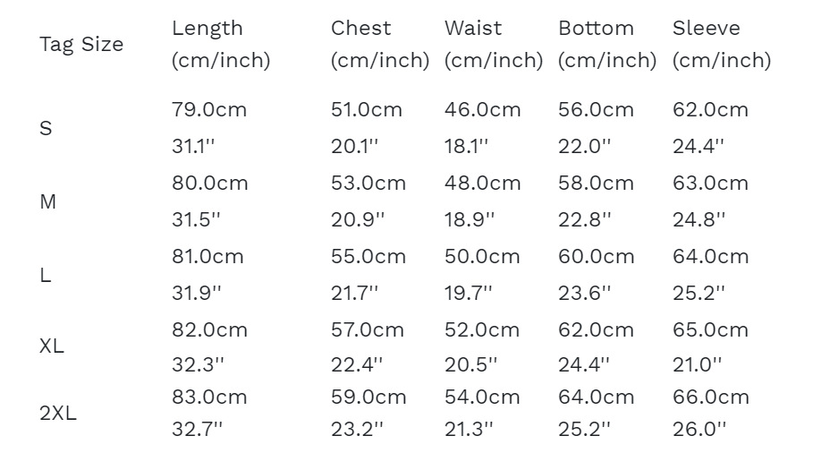 Size chart for Hooded Warm Fleece Padded Jacket Mid-length Jacket Black Padded Jacket, including measurements in cm and inches.