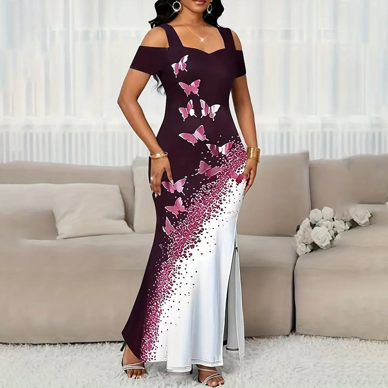 Women's Color-Block Butterfly Print Maxi Dress Off-Shoulder Gown Slit