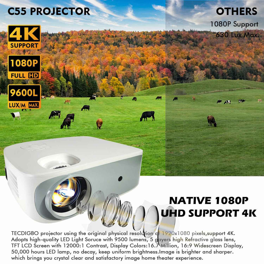 TECDIGBO Smart Projector C55, Native 1080P with UHD 4K Support, High-Definition Home Theater Projector, White (US Version)