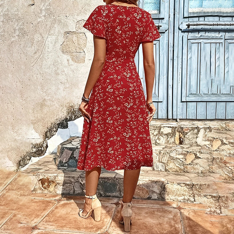 Summer Floral Print Maxi Dress Women Button Up Split Long Flowy Bohemian Beach Party Dresses worn from the back.