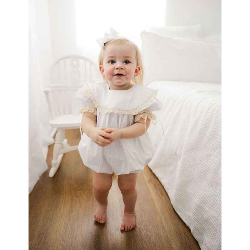 Baby Girl White Lace Romper Soft & Stylish Short Sleeve Bubble Jumpsuit For Wedding Season & Summer Main image