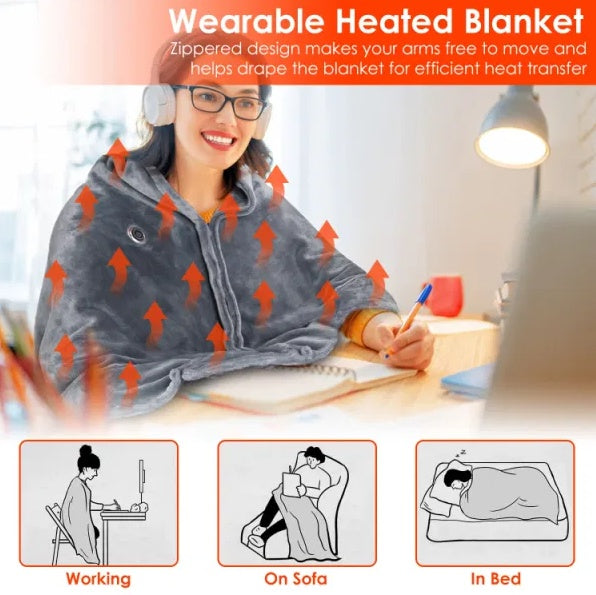 59 Plus 31in USB Heated Blanket Electric Heated Blanket Heated Poncho Shawl Wrap Throw With Zipper Washable For Home Office.