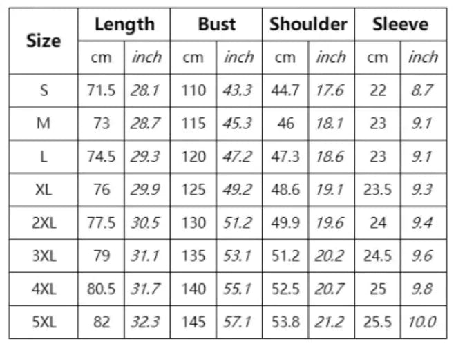 Size chart for Cardigan Printed Short Sleeve detailing measurements for S, M, L, XL, 2XL, 3XL, 4XL, 5XL.